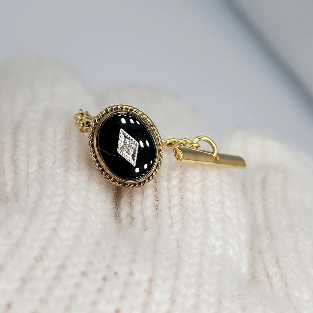 Mint! Lot of 3 Tie Tack Gold Tone Black Glass Stone, Two Accent Gold
